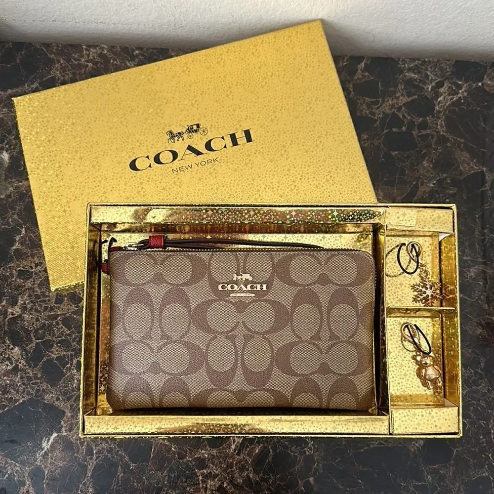 New Coach Signature Large Wristlet with Charms in a Gift Box